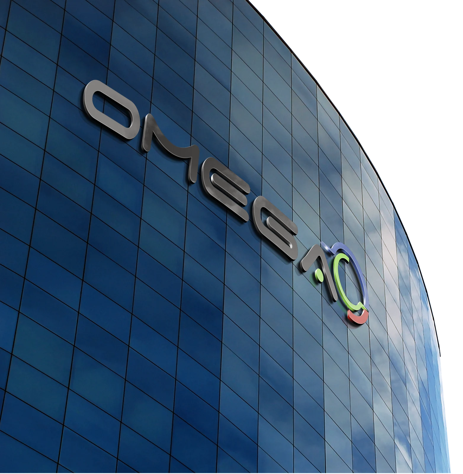 The OMEGA logo on a contemporary building facade